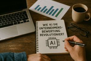 Notizbuch mit handschriftlichem Text „Wie KI die Unternehmensbewertung revolutioniert“, daneben ein Laptop, Brille und Kaffeetasse auf einem Holztisch.