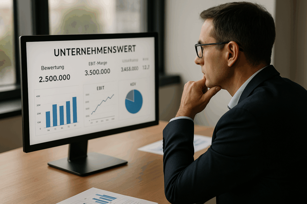 Ein Geschäftsleiter betrachtet konzentriert ein Unternehmens-Dashboard mit Kennzahlen, Diagrammen und Bewertungskennziffern auf einem modernen Monitor im Büro um den Unternehmenswert zu berechnen.