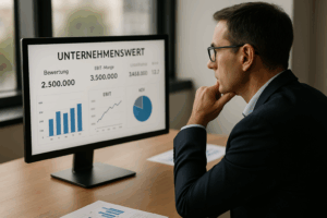 Ein Geschäftsleiter betrachtet konzentriert ein Unternehmens-Dashboard mit Kennzahlen, Diagrammen und Bewertungskennziffern auf einem modernen Monitor im Büro.